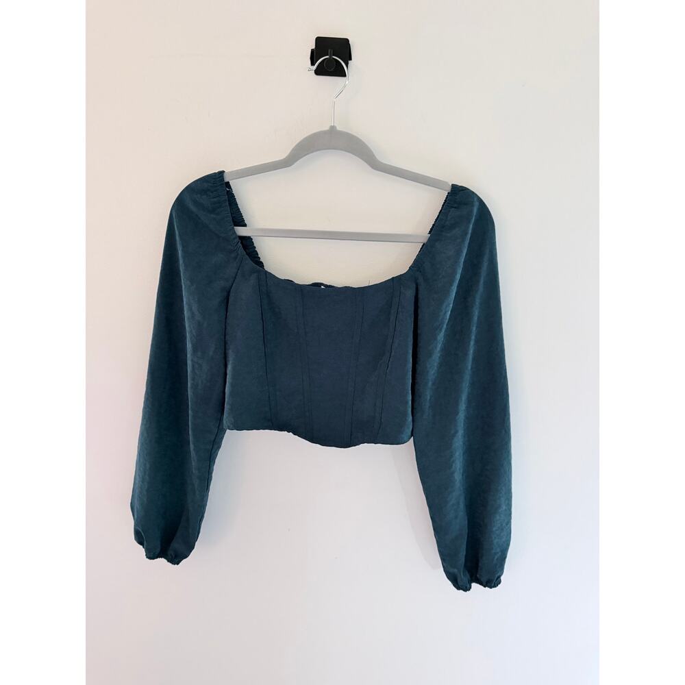 Kirious Los Angeles Teal Corset Square Neckline Crop Top Puff Sleeve-Size M